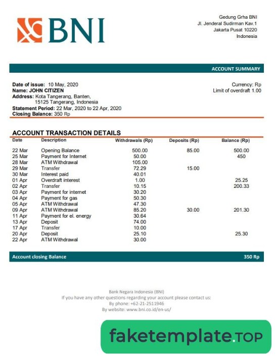 Feature of fake Indonesia Bank Negara Indonesia (BNI)